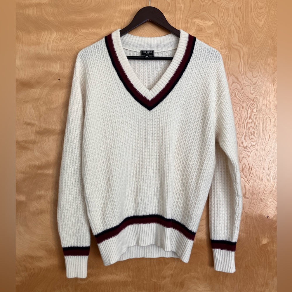 Todd Snyder Cream V-Neck Sweater with Burgundy & Black Stripe Trim